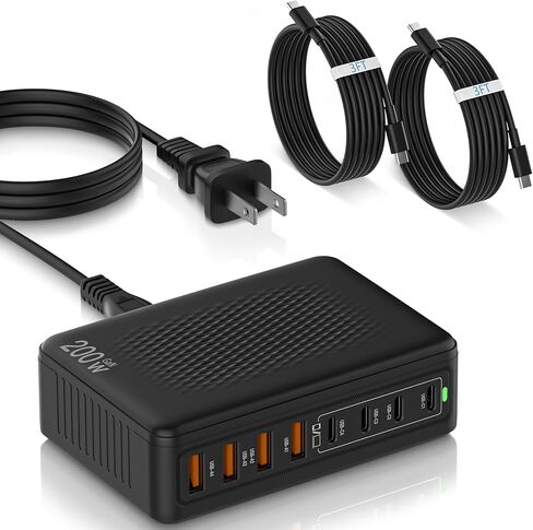 كتلة شاحن USB C بقوة 200 واط، محطة شحن USB C ذات 8 منافذ مع 2 كابل من النوع C GaN 65 وات محول شاحن سريع للكمبيوتر المحمول من النوع C وUSB-A لشحن الطوب المكعب الجداري لجهاز MacBook Neo/Pro/Air، iPad، iPhone 17/16/15 in Kuwait