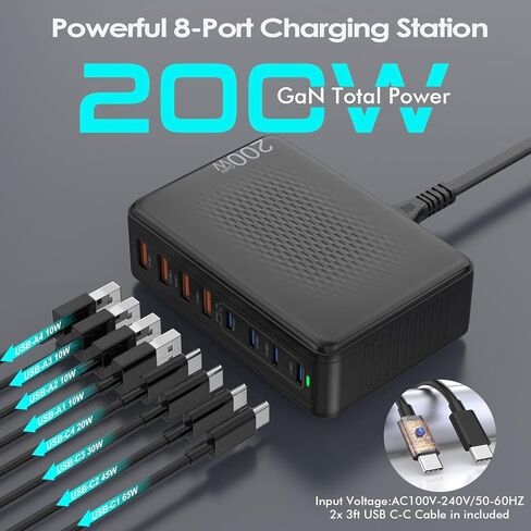 كتلة شاحن USB C بقوة 200 واط، محطة شحن USB C ذات 8 منافذ مع 2 كابل من النوع C GaN 65 وات محول شاحن سريع للكمبيوتر المحمول من النوع C وUSB-A لشحن الطوب المكعب الجداري لجهاز MacBook Neo/Pro/Air، iPad، iPhone 17/16/15 in Kuwait