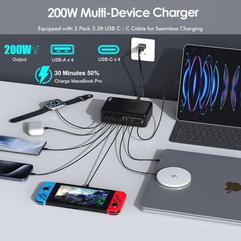 كتلة شاحن USB C بقوة 200 واط، محطة شحن USB C ذات 8 منافذ مع 2 كابل من النوع C GaN 65 وات محول شاحن سريع للكمبيوتر المحمول من النوع C وUSB-A لشحن الطوب المكعب الجداري لجهاز MacBook Neo/Pro/Air، iPad، iPhone 17/16/15 in Kuwait