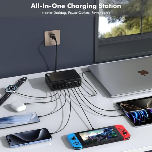 كتلة شاحن USB C بقوة 200 واط، محطة شحن USB C ذات 8 منافذ مع 2 كابل من النوع C GaN 65 وات محول شاحن سريع للكمبيوتر المحمول من النوع C وUSB-A لشحن الطوب المكعب الجداري لجهاز MacBook Neo/Pro/Air، iPad، iPhone 17/16/15 in Kuwait