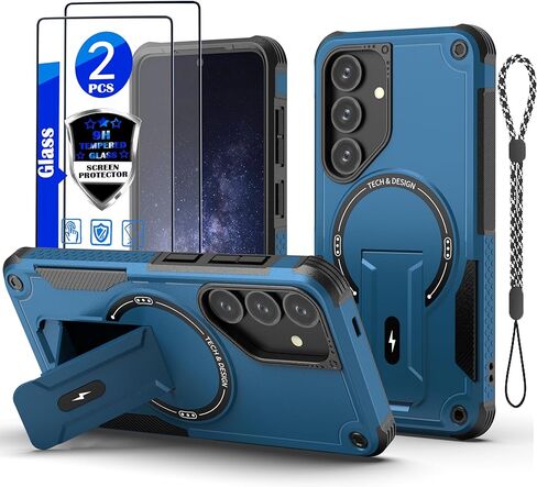 حافظة لهاتف Samsung Galaxy S24 / حافظة S25 [متوافقة مع MagSafe] [مع قطعتين من واقي الشاشة الزجاجي لفتح بصمة الإصبع] [مدمج في حامل غير مرئي] غطاء هاتف واقٍ مقاوم للصدمات مقاس 6.2 بوصة (أزرق غامق) in Saudi Arabia