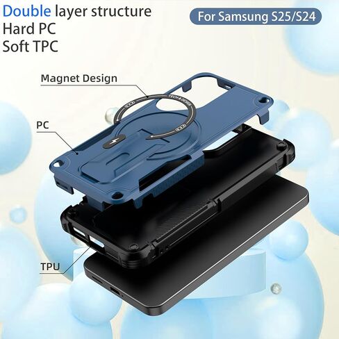 حافظة لهاتف Samsung Galaxy S24 / حافظة S25 [متوافقة مع MagSafe] [مع قطعتين من واقي الشاشة الزجاجي لفتح بصمة الإصبع] [مدمج في حامل غير مرئي] غطاء هاتف واقٍ مقاوم للصدمات مقاس 6.2 بوصة (أزرق غامق) in Saudi Arabia