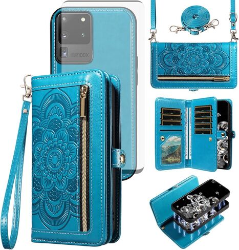 حافظة هاتف Asuwish لهاتف Samsung Galaxy S20 Ultra 5G مزودة بسحاب مع واقي شاشة من الزجاج المقسى وحزام كروس وحامل بطاقة زهرة S20ultra 20S S 20 A20 S2O 20ultra G5 Women Rose Gold in Saudi Arabia