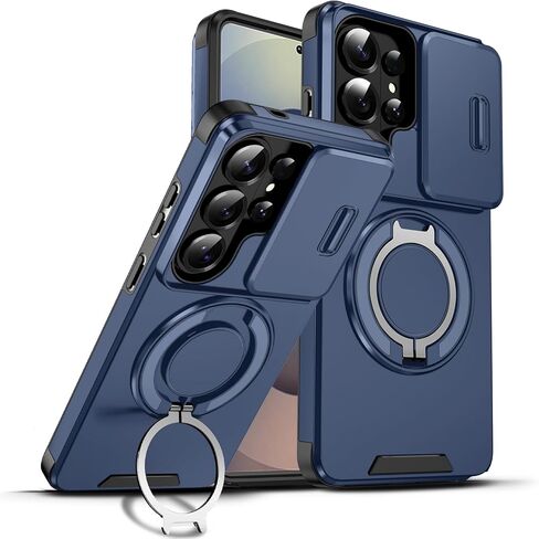 Suitable for Samsung Galaxy S26 Ultra Stand Phone Case, with Slide Camera Cover and 360° Rotatable Magnetic Ring Stand, Shockproof Phone Cover for Samsung S26 Ultra, Blue in Saudi Arabia