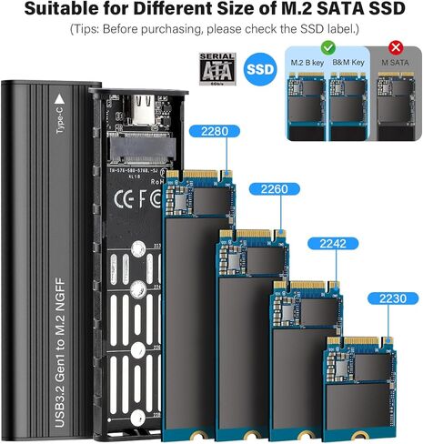 محول حاوية M.2 SATA SSD، USB3.2 Gen1 5 جيجابت في الثانية SATA NGFF B-Key/B&M Key SSD قارئ SSD مع حواف UASP، لـ 2230 2242 2260 2280 SSDs in Saudi Arabia