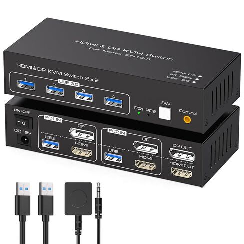 HDMI KVM Switch 2 Monitors 3 Computers Support 4K@60Hz USB 3.0 KVM Switches Share Dual Monitors and 4 USB 3.0 Ports Support Extended/Copy Mode with DC 12V Adapter&Wired Controller in Saudi Arabia