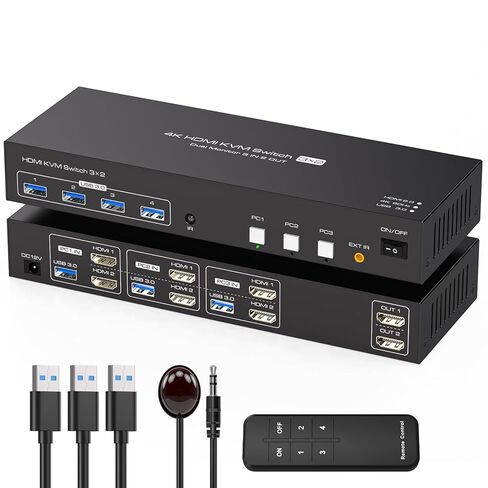 HDMI KVM Switch 2 Monitors 3 Computers Support 4K@60Hz USB 3.0 KVM Switches Share Dual Monitors and 4 USB 3.0 Ports Support Extended/Copy Mode with DC 12V Adapter&Wired Controller in Saudi Arabia