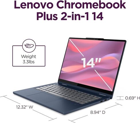 Lenovo Chromebook Plus 2-in-1 - Lightweight Laptop - Google Gemini - Intel® N355 CPU - 14" WUXGA IPS Touchscreen Display - 8GB RAM - 256GB UFS Storage - Integrated Intel® Graphics - Fingerprint reader in Saudi Arabia