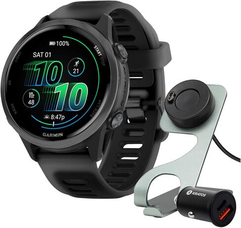 ساعة Garmin Forerunner 570 الذكية للجري مقاس 42 مم بنظام تحديد المواقع العالمي (حزام رمادي/أسود) مع حامل وكابل شحن وشاحن سيارة (3 قطع) in Kuwait