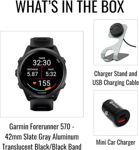 ساعة Garmin Forerunner 570 الذكية للجري مقاس 42 مم بنظام تحديد المواقع العالمي (حزام رمادي/أسود) مع حامل وكابل شحن وشاحن سيارة (3 قطع) in Kuwait