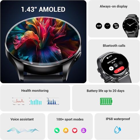 ساعة ذكية IOWODO للنساء والرجال، شاشة AMOLED فائقة الوضوح 1.43 بوصة لتتبع اللياقة البدنية مع مراقب معدل ضربات القلب/النوم، 21 لغة، الرد/إجراء المكالمات، ساعة ذكية مقاومة للماء لأجهزة Android وiPhone (حزامين) in Kuwait