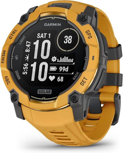 Garmin Instinct® 3 - 50 مم، ساعة ذكية تعمل بالطاقة الشمسية ونظام تحديد المواقع العالمي (GPS) خارجي متين، مصباح يدوي مدمج، إصدار محدود من مجموعة Alpine Rush Collection، Sunburst مع شريط Sunburst/رمادي in Saudi Arabia