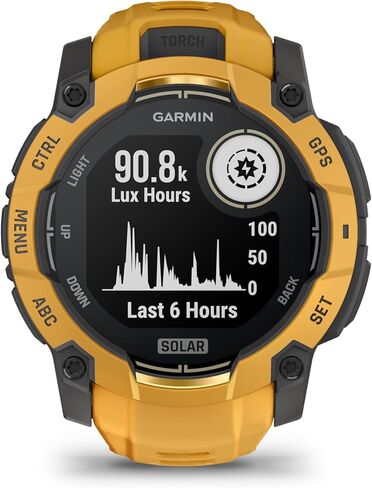 Garmin Instinct® 3 - 50 مم، ساعة ذكية تعمل بالطاقة الشمسية ونظام تحديد المواقع العالمي (GPS) خارجي متين، مصباح يدوي مدمج، إصدار محدود من مجموعة Alpine Rush Collection، Sunburst مع شريط Sunburst/رمادي in Saudi Arabia