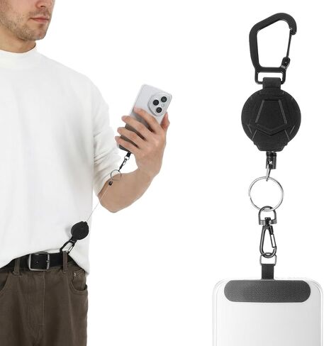 حبل هاتف قابل للسحب، حبل هاتف مضاد للسرقة مع سلسلة مفاتيح وشريط ربط معدني 360 درجة متوافق مع معظم الهواتف الذكية للتنزه في الهواء الطلق وتسلق الصيد (أسود) in Kuwait