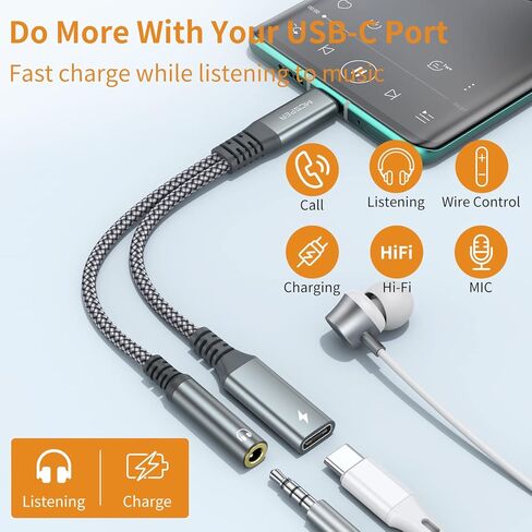 محول سماعة رأس وشاحن USB C إلى 3.5 ملم، كابل PD 60W 2 في 1 من النوع C إلى Aux مع شحن سريع لهاتف iPhone17 16 15 Pro Max Plus، Samsung Galaxy S22 S23 S24 S25 Ultra، Note 20 iPad Pro (رمادي) in Kuwait