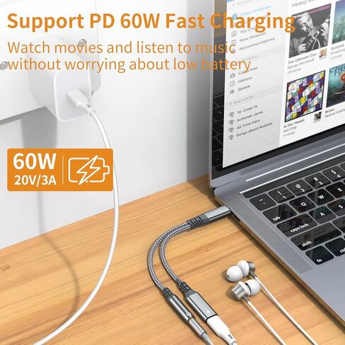 محول سماعة رأس وشاحن USB C إلى 3.5 ملم، كابل PD 60W 2 في 1 من النوع C إلى Aux مع شحن سريع لهاتف iPhone17 16 15 Pro Max Plus، Samsung Galaxy S22 S23 S24 S25 Ultra، Note 20 iPad Pro (رمادي) in Kuwait