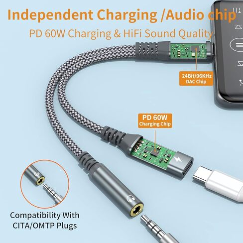 محول سماعة رأس وشاحن USB C إلى 3.5 ملم، كابل PD 60W 2 في 1 من النوع C إلى Aux مع شحن سريع لهاتف iPhone17 16 15 Pro Max Plus، Samsung Galaxy S22 S23 S24 S25 Ultra، Note 20 iPad Pro (رمادي) in Kuwait