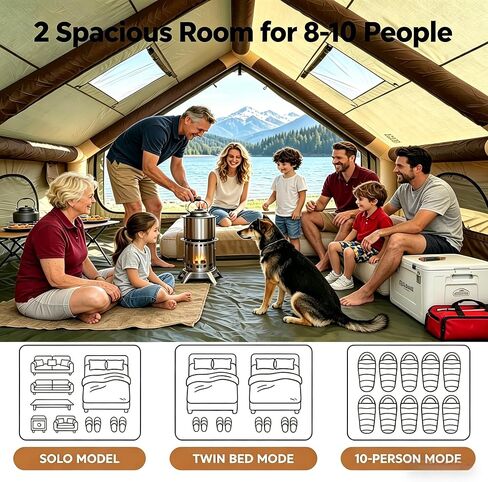 Inflatable Tent with Panoramic Skylight, 8-10 Person 4 Season Waterproof Oxford Blow Up Tent for Family Camping, PVC Air Beam Instant Setup with Dual-Room & Mesh Window, Includes Pump, Stakes in Saudi Arabia