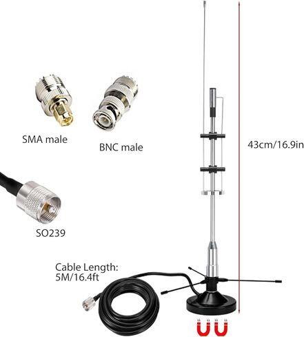 25-3000MHz Desktop Police Scanner Antenna Magnetic Base, 2m 70cm Vehicle Mobile HF VHF UHF GMRS Radio Antennas for Scanners Radio, with 16.4ft Cable BNC/SMA/SO239/ VHF UHF Ground Plane in Saudi Arabia