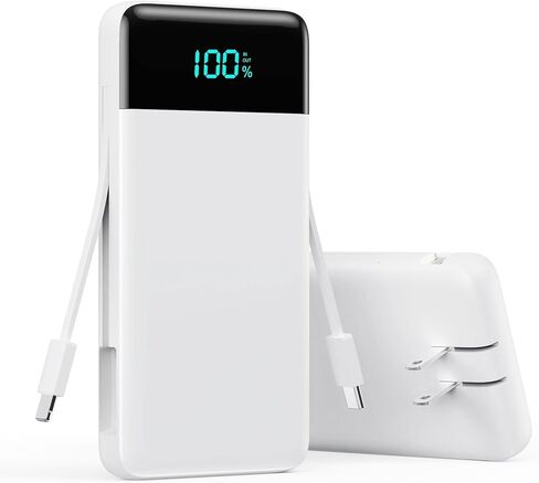 Portable Charger with Built in Cables and Wall Plug, 13800mAh USB C Fast Charging Power Bank for Travel Essentials, LED Display Battery Pack Compatible with iPhones, iPad, Samsung More Devices(White) in Saudi Arabia
