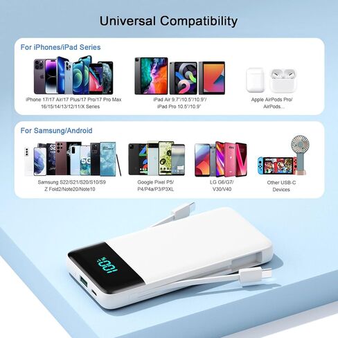 Portable Charger with Built in Cables and Wall Plug, 13800mAh USB C Fast Charging Power Bank for Travel Essentials, LED Display Battery Pack Compatible with iPhones, iPad, Samsung More Devices(White) in Saudi Arabia