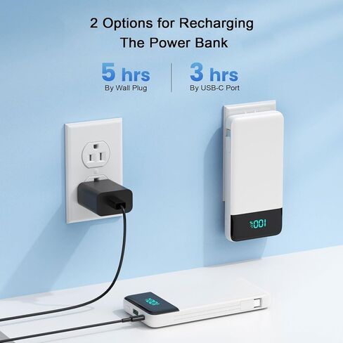 Portable Charger with Built in Cables and Wall Plug, 13800mAh USB C Fast Charging Power Bank for Travel Essentials, LED Display Battery Pack Compatible with iPhones, iPad, Samsung More Devices(White) in Saudi Arabia