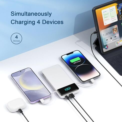 Portable Charger with Built in Cables and Wall Plug, 13800mAh USB C Fast Charging Power Bank for Travel Essentials, LED Display Battery Pack Compatible with iPhones, iPad, Samsung More Devices(White) in Saudi Arabia