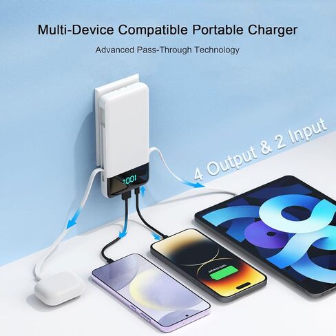 Portable Charger with Built in Cables and Wall Plug, 13800mAh USB C Fast Charging Power Bank for Travel Essentials, LED Display Battery Pack Compatible with iPhones, iPad, Samsung More Devices(White) in Saudi Arabia