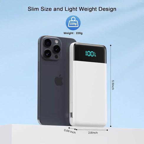 Portable Charger with Built in Cables and Wall Plug, 13800mAh USB C Fast Charging Power Bank for Travel Essentials, LED Display Battery Pack Compatible with iPhones, iPad, Samsung More Devices(White) in Saudi Arabia