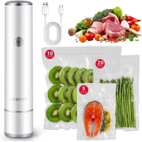 JEETEE Compact Vacuum Sealer للأغذية مع 35 كيس مكنسة كهربائية قابلة لإعادة الاستخدام (3 أحجام) - آلة ختم فراغ محمولة باليد، 60KPa قوية ختم الطعام قابلة للشحن للمطبخ، RV، التخييم، Sous Vide، أبيض in Kuwait