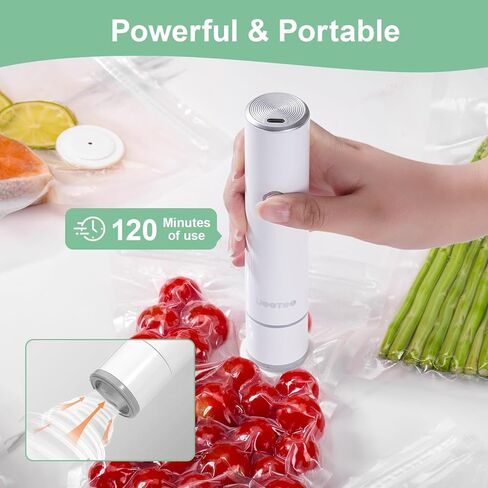 JEETEE Compact Vacuum Sealer للأغذية مع 35 كيس مكنسة كهربائية قابلة لإعادة الاستخدام (3 أحجام) - آلة ختم فراغ محمولة باليد، 60KPa قوية ختم الطعام قابلة للشحن للمطبخ، RV، التخييم، Sous Vide، أبيض in Kuwait