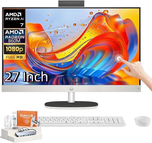 HP 27 inch All in One Desktop Computer, AMD Ryzen AI 7 350, Ryzen AI (50 NPU Tops), 32GB DDR5-5600 MT/s, 2TB SSD, FHD IPS Touchscreen, WiFi 6, BT 5.4, Wireless KB & Mouse, Copilot+ PC, Windows 11 Pro in Saudi Arabia