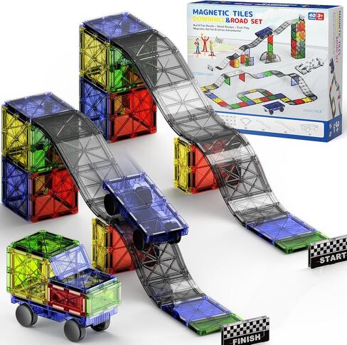 Mini Magnetic Tiles with Iron Case, Magnetic Building Toys Kid's Travel Essential Portable Creativity On-The-Go Magnet Blocks STEM Travel Toys for Toddler Boys Girls Ages 3+, 26-Piece in Kuwait