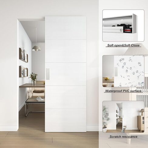 JUBEST 30"x84" Concealed Sliding Barn Door with Horizontal Groove and Soft Close Hardware Kit, White Flush Hidden Door for Opening 26"-28"x80", Waterproof and Smooth Sliding, for Interior Using in Saudi Arabia