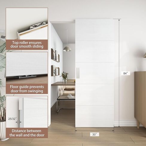 JUBEST 30"x84" Concealed Sliding Barn Door with Horizontal Groove and Soft Close Hardware Kit, White Flush Hidden Door for Opening 26"-28"x80", Waterproof and Smooth Sliding, for Interior Using in Saudi Arabia
