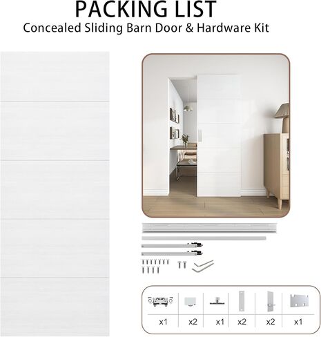 JUBEST 30"x84" Concealed Sliding Barn Door with Horizontal Groove and Soft Close Hardware Kit, White Flush Hidden Door for Opening 26"-28"x80", Waterproof and Smooth Sliding, for Interior Using in Saudi Arabia