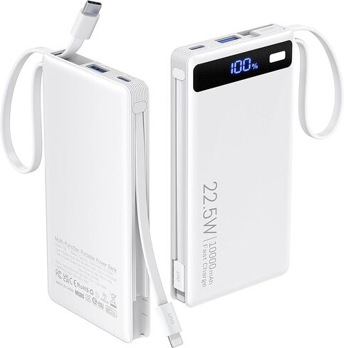 Power Bank with 2 Built-in Cables 10000mAh, 22.5W PD Slim Portable Charger USB C Battery Pack, Travel Essentials Fast Charging Powerbank Compatible with iPhone 17 16 15 Plus Pro Samsung iPad etc(1 Pk) in Saudi Arabia