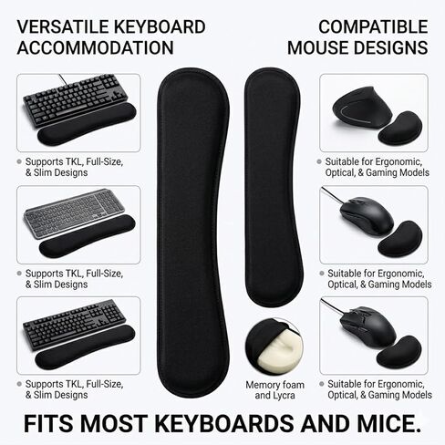 Memory Foam Wrist Rest 2PCS Pad for Computer Keyboard, Mouse, Ergonomic Design for Typing Pain Relief, Desk Pads Support Hand and Arm, Mousepad Rests, Black in Saudi Arabia