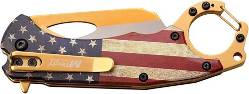 MTech USA – Folding Knife – Gold and Satin Finish Stainless Steel Blade, Aluminum Handle w/Embossed Printed U.S.A. Flag, Carabiner, Bottle Opener, Pocket Clip, Camping – MT-A1028AF in Saudi Arabia