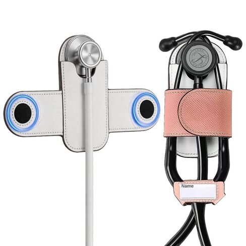 Leather Stethoscope Holder with Metal Belt Clip & Matching Name Tag - Universal Holster Case for Nurses, Doctors, Medical Students - Relieves Neck Strain, Fits Scrubs & Lab Coats (Black) in Saudi Arabia