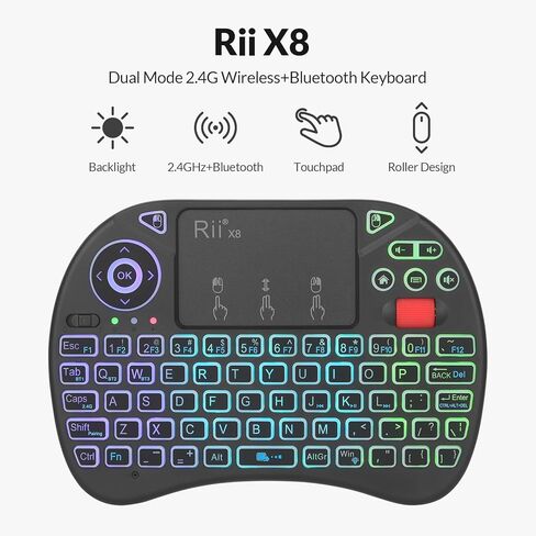 Rii X8 Mini Keyboard,Upgrade 2.4GHz Wireless and Bluetooth Keyboard with Touchpad,RGB Backlit,Rechargeable Battery for Android TV Box/Mac/PC/Nvidia Shield(2.4G+BT Version) in Saudi Arabia