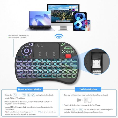 Rii X8 Mini Keyboard,Upgrade 2.4GHz Wireless and Bluetooth Keyboard with Touchpad,RGB Backlit,Rechargeable Battery for Android TV Box/Mac/PC/Nvidia Shield(2.4G+BT Version) in Saudi Arabia