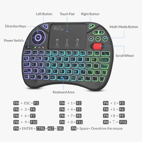 Rii X8 Mini Keyboard,Upgrade 2.4GHz Wireless and Bluetooth Keyboard with Touchpad,RGB Backlit,Rechargeable Battery for Android TV Box/Mac/PC/Nvidia Shield(2.4G+BT Version) in Saudi Arabia