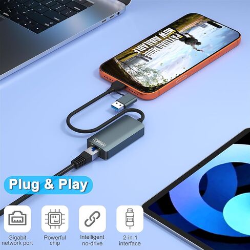 محول إيثرنت USB سعة 2.5 جيجابايت، شبكة إنترنت من النوع C إلى RJ45 بسرعة 2.5 جيجابت في الثانية مع منفذ USB-A 3.0 من الألومنيوم المحمول جيجابت سلكي للإنترنت لأجهزة MacBook وiPad وiPhone 15/16 Pro Max وWindows/MacOS in Kuwait
