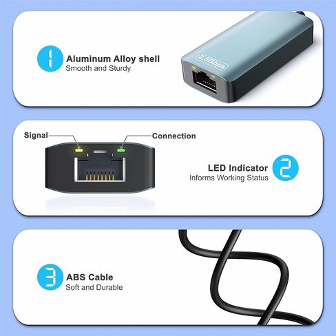 محول إيثرنت USB سعة 2.5 جيجابايت، شبكة إنترنت من النوع C إلى RJ45 بسرعة 2.5 جيجابت في الثانية مع منفذ USB-A 3.0 من الألومنيوم المحمول جيجابت سلكي للإنترنت لأجهزة MacBook وiPad وiPhone 15/16 Pro Max وWindows/MacOS in Kuwait
