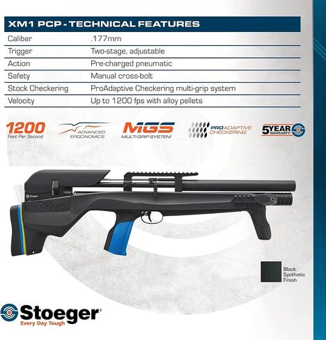 Stoeger XM1 PCP Bullshark - عيار .177 - أسود اصطناعي مع نظام متعدد القبضة وفواصل للأرداف in Saudi Arabia