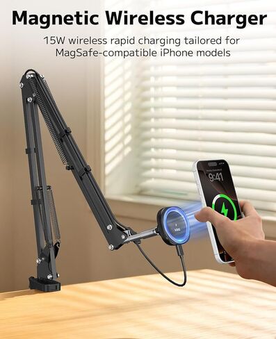VRIG Magnetic Wireless Charger Phone Holder for Bed Desk, Flexible Articulating Table Mount, Overhead Stand Compatible with iPhone 17/16/15/14, Great for Video Recording, Zoom Meeting, Live Streaming in Saudi Arabia
