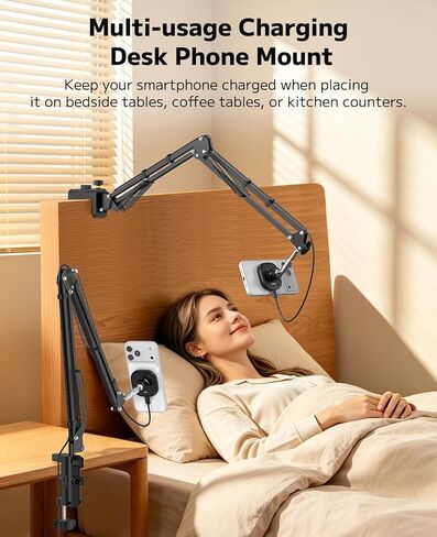 VRIG Magnetic Wireless Charger Phone Holder for Bed Desk, Flexible Articulating Table Mount, Overhead Stand Compatible with iPhone 17/16/15/14, Great for Video Recording, Zoom Meeting, Live Streaming in Saudi Arabia