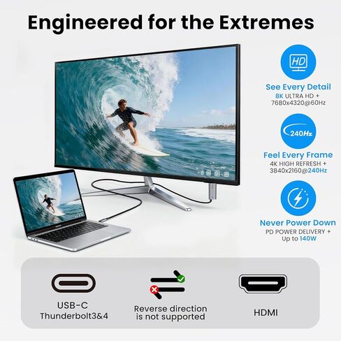 كابل USB C 8K إلى HDMI 4K@240 هرتز مع شحن 140 وات، سلك من النوع C إلى HDMI 2.1 لجهاز MacBook Pro وiPad Pro وiPhone وSwitch 2-لا حاجة إلى قاعدة توصيل، محمول لألعاب التلفزيون، 6.6 قدم in Saudi Arabia