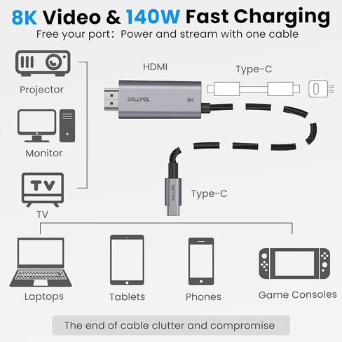كابل USB C 8K إلى HDMI 4K@240 هرتز مع شحن 140 وات، سلك من النوع C إلى HDMI 2.1 لجهاز MacBook Pro وiPad Pro وiPhone وSwitch 2-لا حاجة إلى قاعدة توصيل، محمول لألعاب التلفزيون، 6.6 قدم in Saudi Arabia